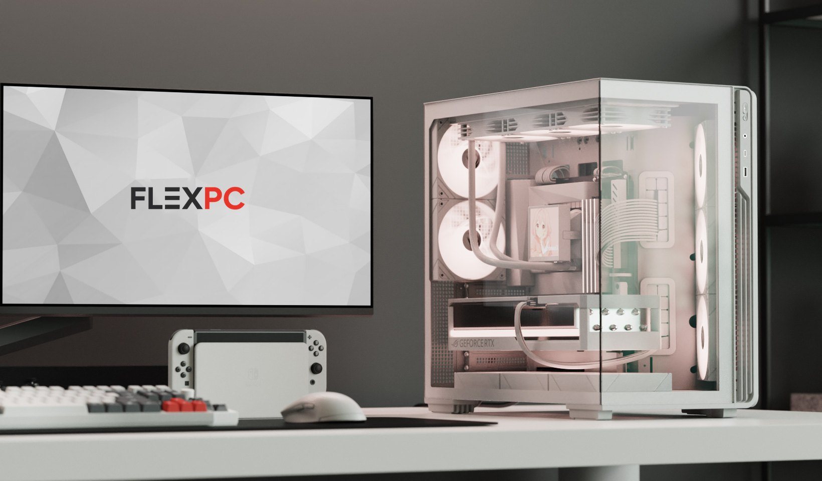 Meja gaming dengan PC casing putih, monitor, keyboard dan mouse